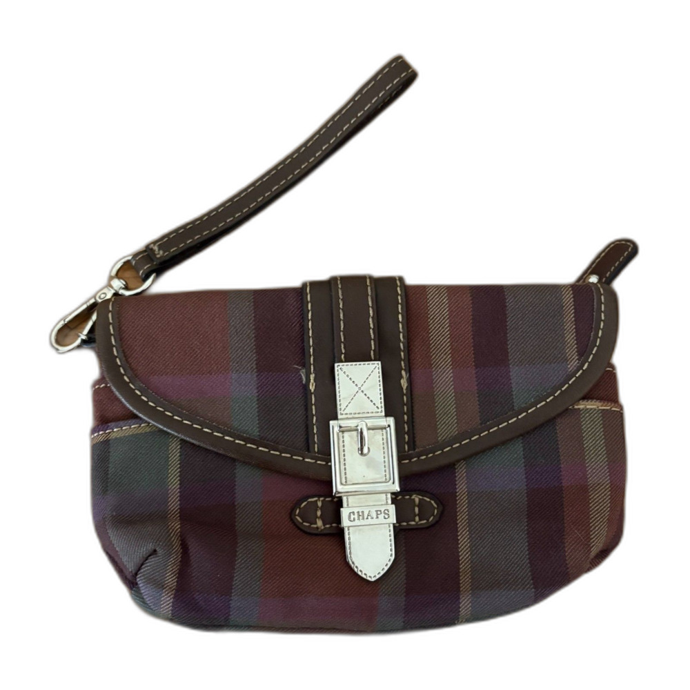 Chaps Y2K Plaid Wristlet Clutch Bag Brown Purple Tartan Buckle Detail Small